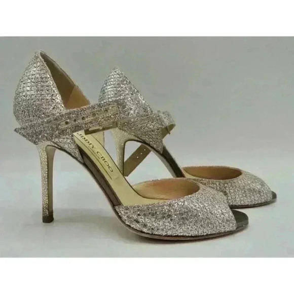 Jimmy Choo Gold Coarse Glitter Peep Toe Ankle Strap‎ Sandals Size 35 1/2 - Picture 3 of 16